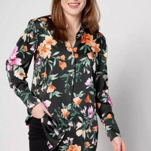 SUSAN GRAVER Satin Blouse Plus Size 2X Black Floral Long Sleeve Womens Top NWOT - Picture 2 of 11
